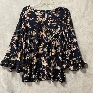 Karl Lagerfeld Paris Navy Floral Bell Sleeve Keyhole Blouse Top 2X Lagenlook